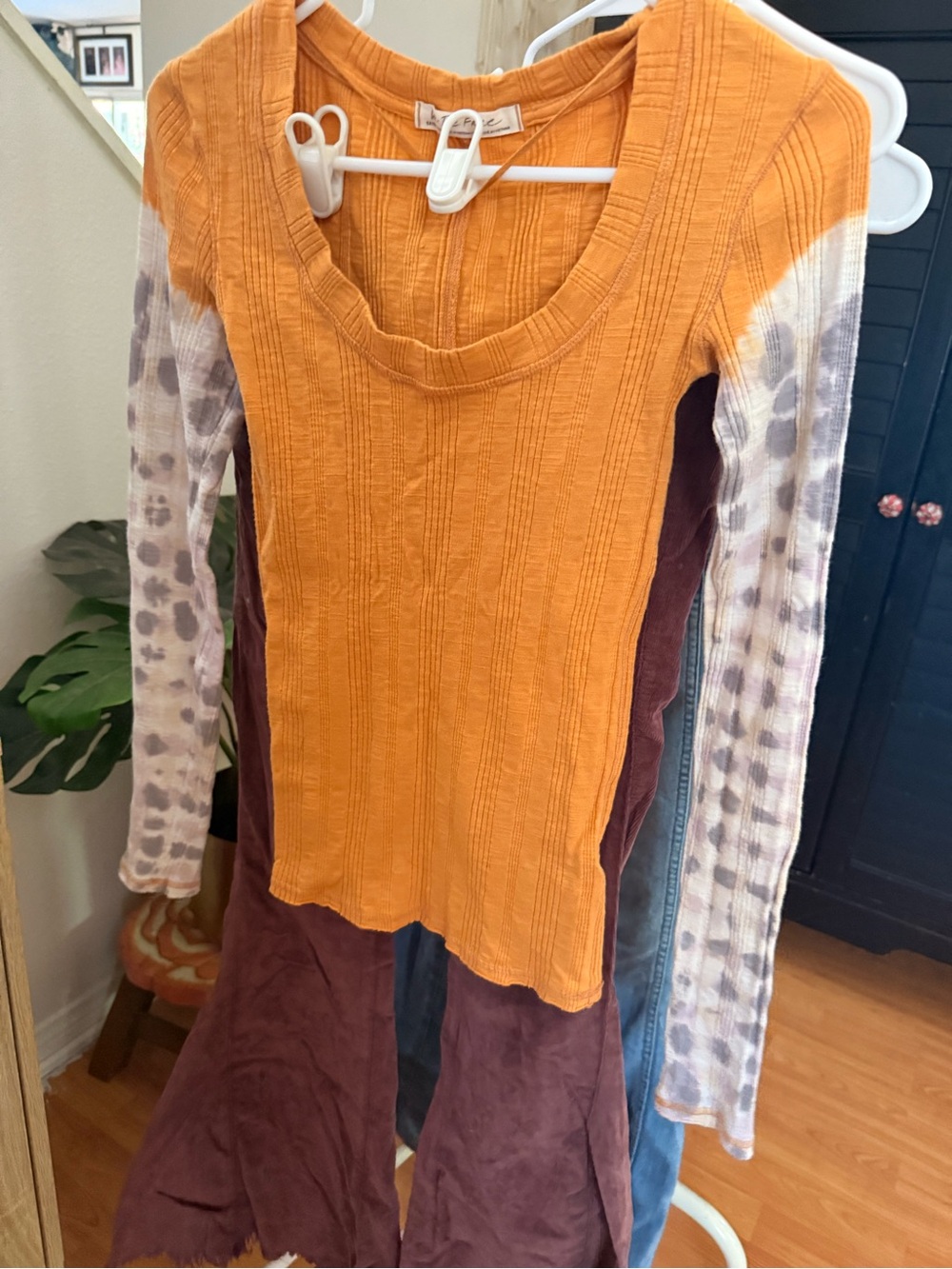 We The Free Orange Ribbed Top with Tie-Dye Long Sleeves